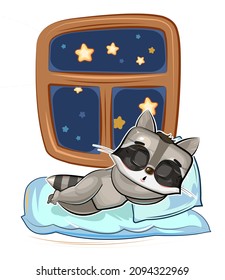 Baby Raccoon sleeps in bed. Dreaming Near the window. Night and stars. Childrens illustration. Nice baby animal fell asleep. Cartoon style picture. Isolated on white background. Vector