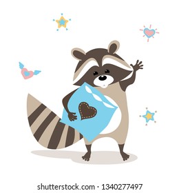 baby raccoon waving goodbye, standing with pillow, hearts and stars