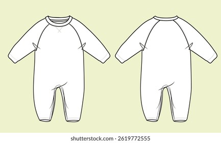 Baby raglan sleeve onesie technical drawing fashion flat illustration sketch vector illustration template front and back views outline CAD mockup