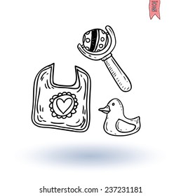 baby rattle and duck toy, vector illustration