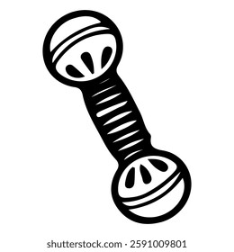 Baby rattle. Hand drawn doodle. Musical toy with two bells to entertain newborns. Educational games for children. Play decoration. Childhood. Vector line art illustration.
