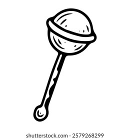 Baby rattle with handle. Hand drawn doodle. Musical toy for newborn entertainment. Child's educational games. Play decoration. Childhood. Vector line art illustration.