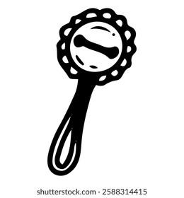 Baby rattle with handle. Hand drawn doodle. Musical toy for newborn entertainment. Child's educational games. Play decoration. Childhood. Vector line art illustration.