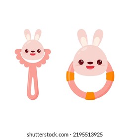 A baby rattle with a handle and a ring. A rattle with a cartoon bunny for kids. A gift for newborns.
