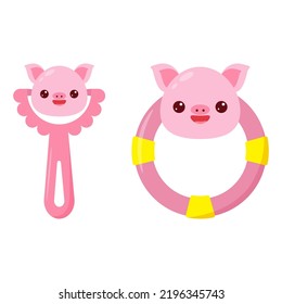 A baby rattle with a handle and a ring. A rattle with a cartoon pig for kids. A gift for newborns.