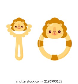 A baby rattle with a handle and a ring. A rattle with a cartoon lion for kids. A gift for newborns.