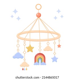 Baby rattle, hanging baby toy, mobile for crib new born. Toy Stars, rainbow, clouds. Pastel colors. Products for children. Element for nursery decoration, kids clothes. Cartoon vector illustration