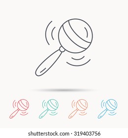Baby rattle icon. Toddler toy sign. Child fun ball symbol. Linear icons on white background. Vector