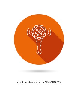 Baby rattle icon. Toddler toy sign. Child fun ball symbol. Round orange web button with shadow.