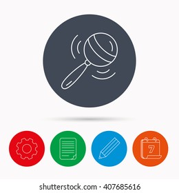 Baby rattle icon. Toddler toy sign. Child fun ball symbol. Calendar, cogwheel, document file and pencil icons.
