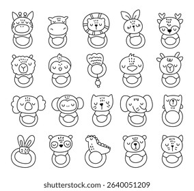 Baby rattle made in outline line art set with toy animal head nursery object and ring for toddler and infant comfort for your illustration and design projects
