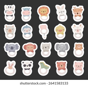 Baby rattle made in scandinavian style set with toy animal head nursery object and ring for toddler and infant comfort for your illustration and design projects