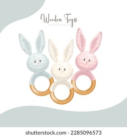 A baby rattle with a ring. A rattle with a cartoon bunny for kids. A gift for newborns.