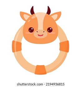 A baby rattle with a ring. A rattle with a cartoon cow for kids. A gift for newborns.