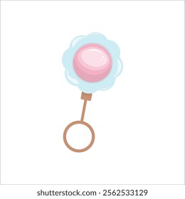 Baby rattle in shape of flower with ball isolated on white background. Toy for newborns. Baby shower theme. For flyer, sticker, card, logo, symbol.