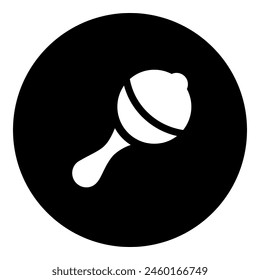 A baby rattle symbol in the center. Isolated white symbol in black circle. Vector illustration on white background