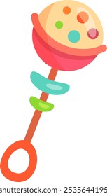 Brinquedo de chocalho de bebê apresenta uma alça circular, pontos coloridos e design divertido, perfeito para envolver bebês e estimular seus sentidos