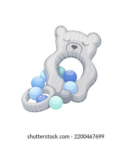 Baby rattle vector illustration. Cartoon isolated cute plastic rattle toy with small noise balls, teddy bear on ring and handle for newborn boy, nursery plaything with funny animal character