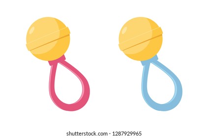 Baby rattle vector illustration set - toddler noisy shaking toy with blue and pink handles for amusement of infant.