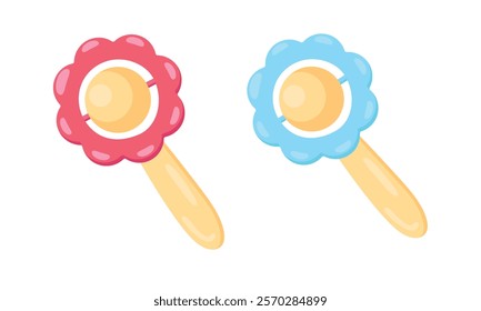 Baby rattle vector set in cartoon style. Colorful rattle toy for infant baby. Baby shower, baby toy flat vector isolated on white background.