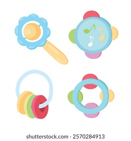 Baby rattle vector set in cartoon style. Colorful rattle toy for infant baby. Baby shower, baby toy flat vector isolated on white background.