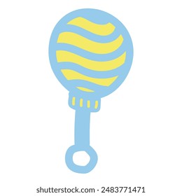 baby rattle with yellow and light blue stripes.