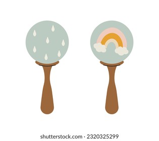 Baby rattles in scandinavian style concept. Toy for toddler with rainbow shape. Relaxation and pleasure in kids room. Poster or banner. Cartoon flat vector illustration isolated on white background