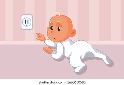 Baby Reaching for Uncovered Dangerous Electrical Outlet. Dangers of a non baby proof home for little infants concept illustration
