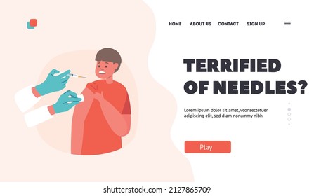 Baby Reaction on Vaccine Shot Landing Page Template. Child Afraid of Vaccination Concept. Little Boy Character Crying, Doctor Holding Syringe with Needle and Drug. Cartoon People Vector Illustration