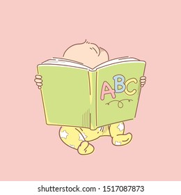 Baby reading book. Cute little boy, girl of 6-12 months sit, hold big open book. Genius child learning. Baby early development. Toddler learn alphabet. Smart kid study. Color vector illustration.