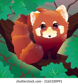 Baby Red Panda On A Tree Vector Illustration