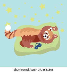 The baby of the red panda sleeps sweetly on a mattress among the stars, throwing his paws over his head, like a baby.For wallpaper, children's books.