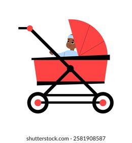 Baby In A Red Stroller, Flat Vector Illustration Symbolizing Parenthood, Childcare, Infant Mobility, And Family Lifestyle, Isolated On White Background