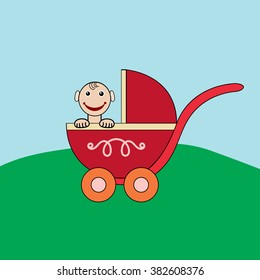baby in a red stroller vector 