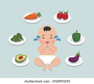 Baby refuses to eat fruits and vegetables, kid refuses to eat healthy food, comic cartoon vector character