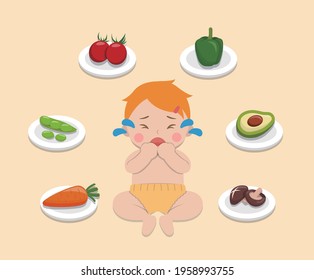 Baby refuses to eat fruits and vegetables, kid refuses to eat healthy food, comic cartoon vector character