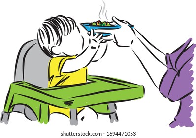 baby refusing meal from mother vector illustration