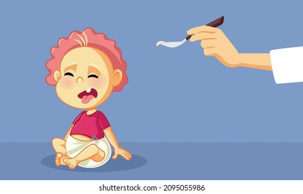 
Baby Refusing Medicine Or Food For Bad Taste Vector Cartoon. Little Infant Throwing A Tantrum No Taking The Treatment Recommended
