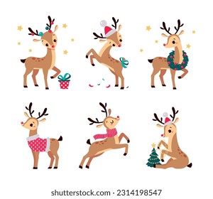 Baby Reindeer with Antler with Scarf and Garland Vector Set