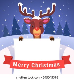 Baby reindeer with antlers covered with snow holding white greeting card copyspace decorated with red Merry Christmas ribbon. Flat style isolated vector illustration.
