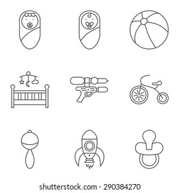 Baby related flat vector icon for web and mobile applications. Set includes - boy, girl, ball, bed, gun, bicycle, rattle, rocket, nipple. It can be used as - logo, pictogram, icon, infographic element
