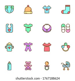 Baby related items filled outline icons set, line vector symbol collection, linear colorful pictogram pack. Signs, logo illustration, Set includes icons as diaper, clothes, teddy bear toy, safety pin