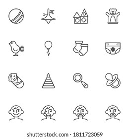Baby related line icons set, outline vector symbol collection, linear style pictogram pack. Signs, logo illustration. Set includes icons as newborn baby toys, clothes, diaper, pacifier, rattle