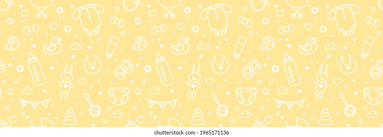 Baby Related Seamless Background In White and Yellow Colors. Vector Cartoon Illustration