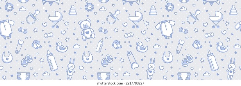 Baby Related Seamless Pattern In Blue Colors. Vector Cartoon Illustration