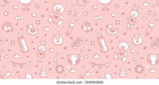 Baby Related Seamless Pattern In Pink Colors. Girly Vector Cartoon Illustration