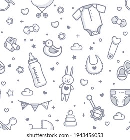 Baby Related Seamless Pattern In White and Gray Colors. Vector Cartoon Illustration