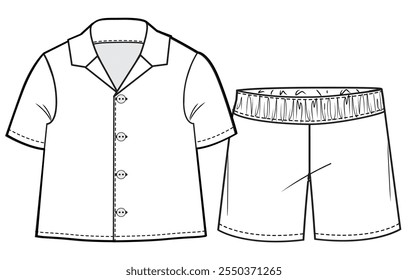 Bebé Resort Wear Set Flat Sketch Ilustración vectorial Niño Camisa de manga corta Resort y pantalones cortos de cintura elástica Plantilla técnica de dibujo CAD