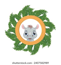 Baby rhino illustration on round wooden frame. Baby rhino vector illustration isolated on white