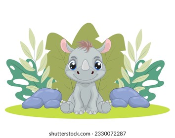 Baby rhino sitting on grass vector illustration. Cartoon style character. Happy baby rhino, Perfect illustration for t-shirt wear fashion print design, greeting card, baby shower, party invitation